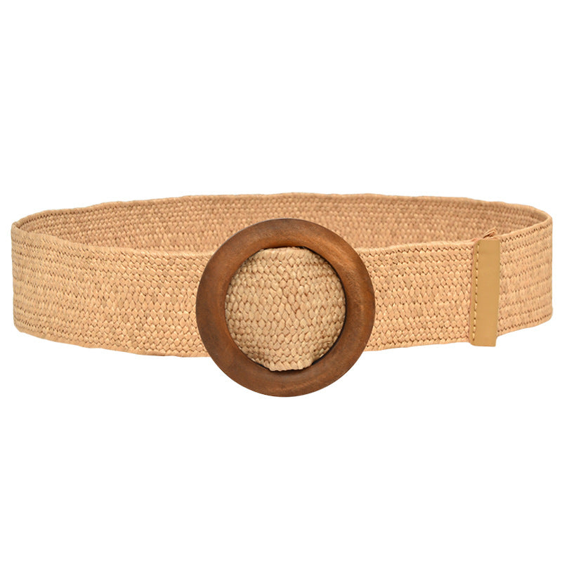 5CM wood buckle braided elastic belt