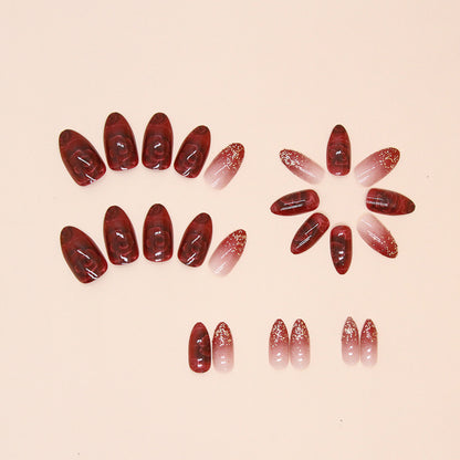 Red Floral Almond Shape Glitter Fake Nails