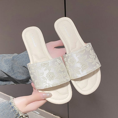 National style satin embroidered one-word slippers