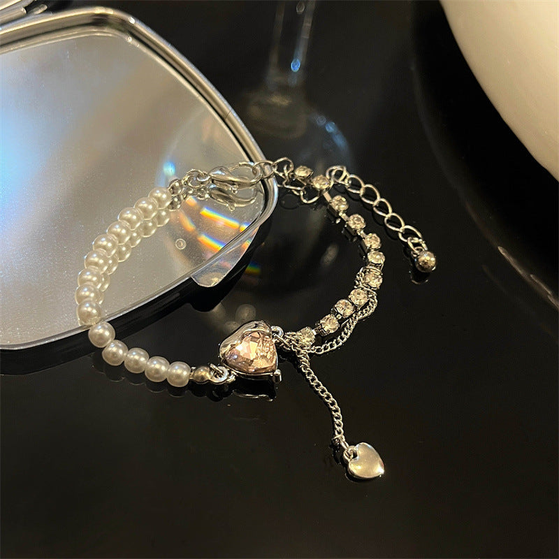 High-end pearl and diamond heart pendant bracelet