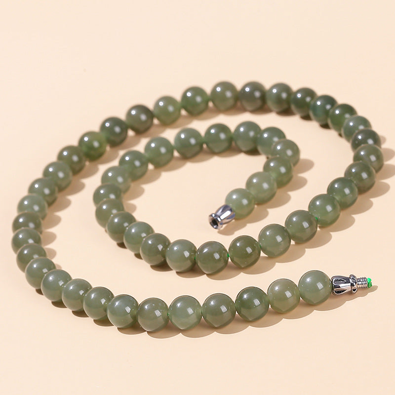 Natural clear water Hetian jade old bead necklace