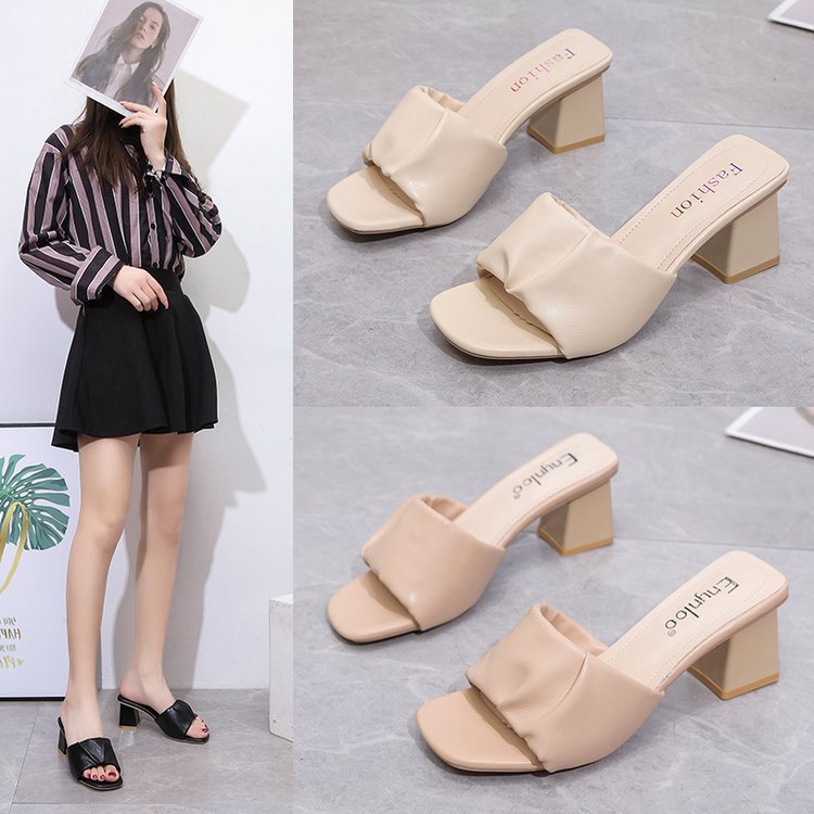 High-heeled block heel square-toe sandals