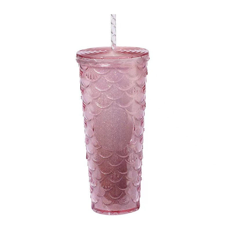 Scaled Pattern Large Capacity Double-Layer Plastic Straw Bottle