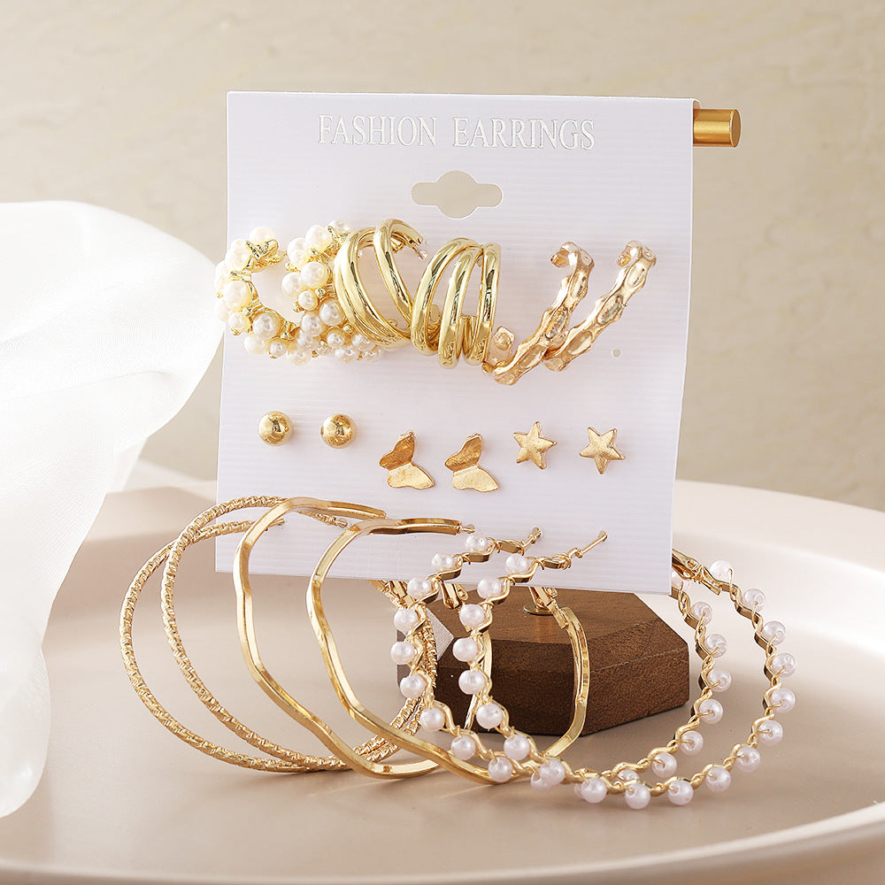 New Retro Pearl Women's Earrings 9-piece Set