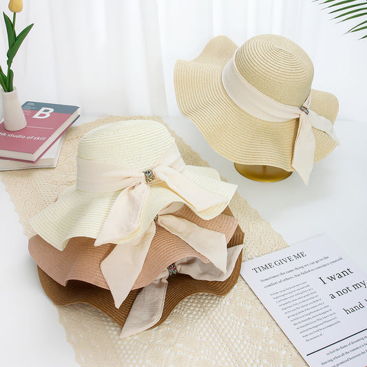 Floral Wave-Edge Straw Hat Women Summer French Beach Wide-Brim Sun Hat