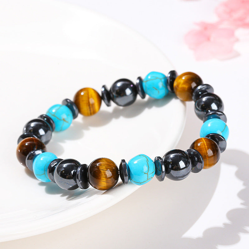 Natural yellow tiger's eye stone, black gallstone and blue pine mixed bracelet.