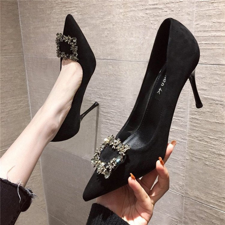 Pointed Suede Stiletto Shoes Rhinestones