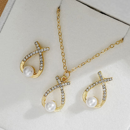 Rhinestone Pearl Earrings Necklace Jewelry Set