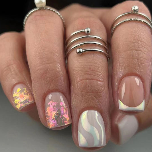 Short Aurora Wave Colorful Striped Square Nails