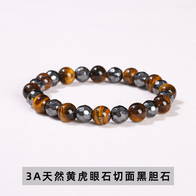 Natural yellow tiger's eye stone with black gallstone round bead bracelet.