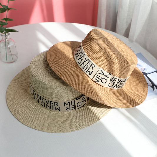 Sun Hat Women Summer Beach Sun Protection Straw Flat Brim British