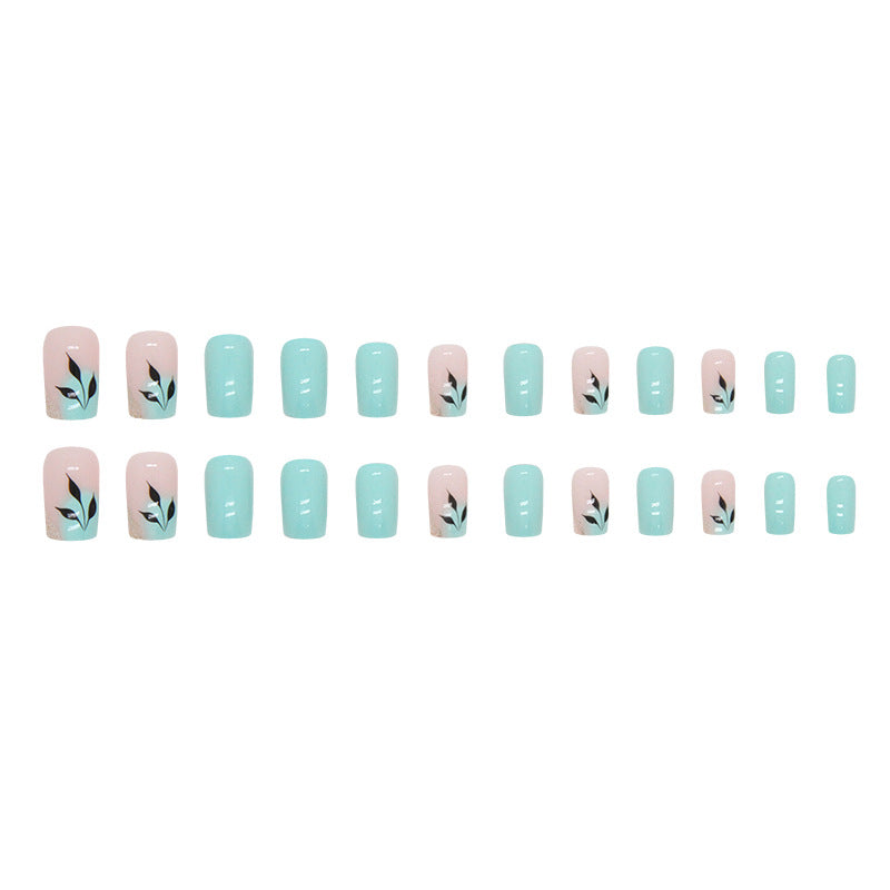 Medium-Length Green Leaf Fake Nails