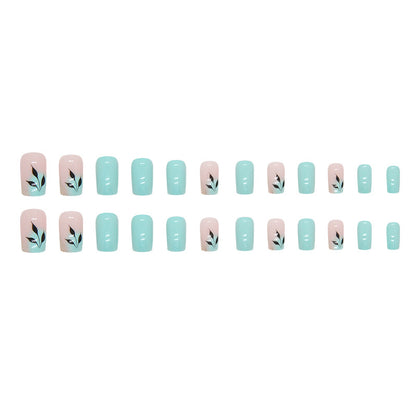 Medium-Length Green Leaf Fake Nails