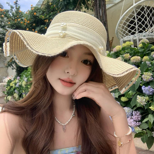 Lace Pearl Bow Wave Hat Women's Summer Wide Brim Sun