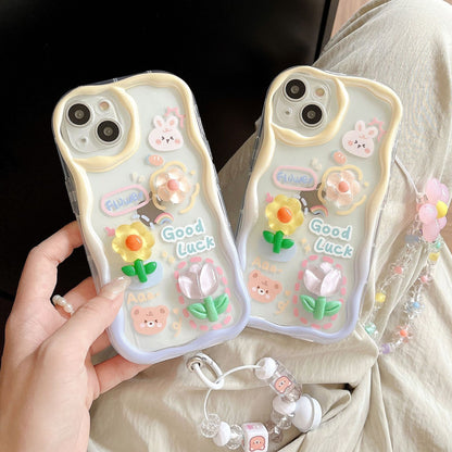 iPhone 15 Pro Flower Bear Apple 13/12 Cream Full Cover Shockproof