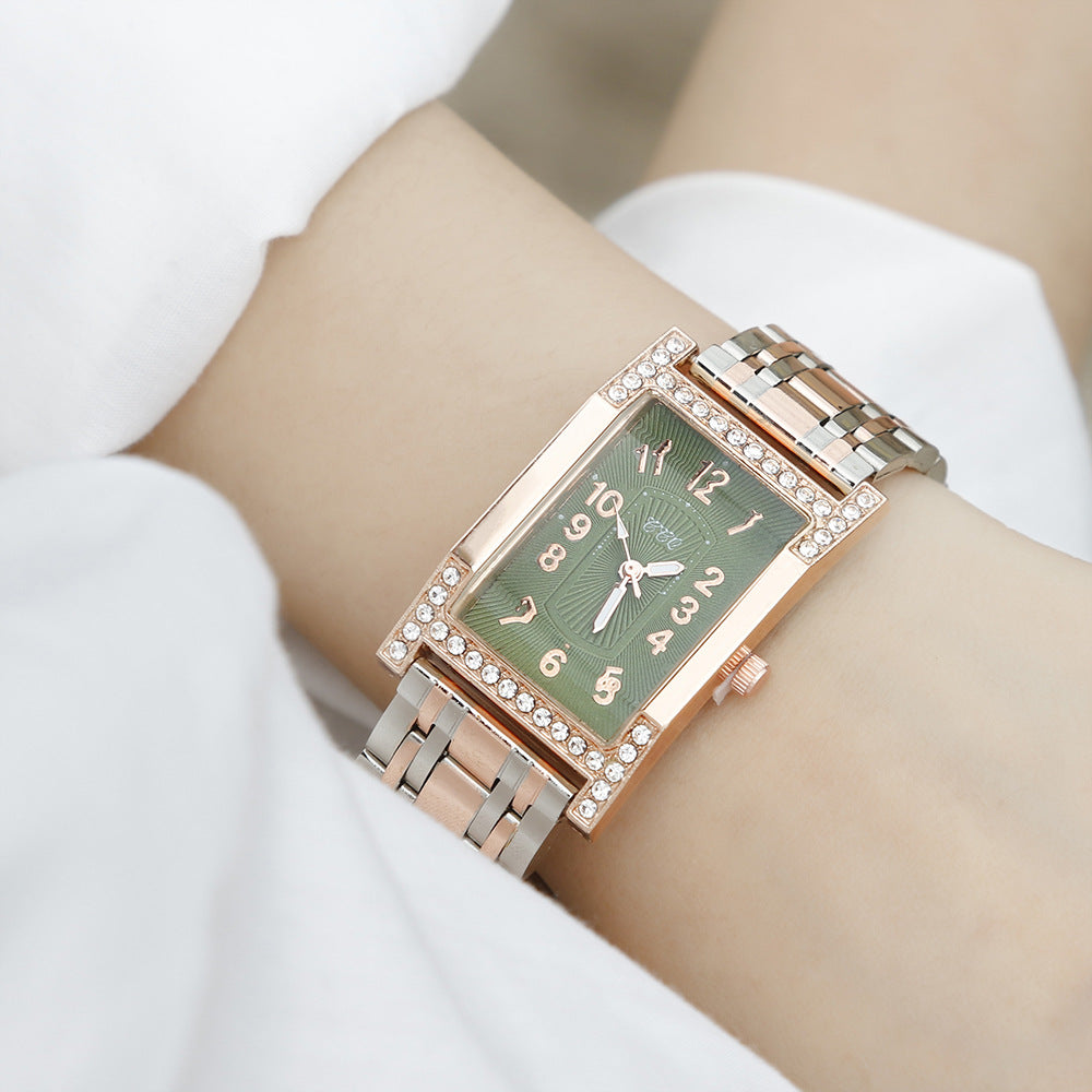 Small Square Steel Band Womens Watch Green Diamond-Embedded