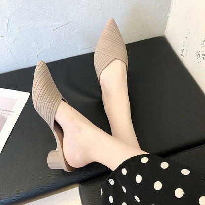 pointed thick heel single shoes women