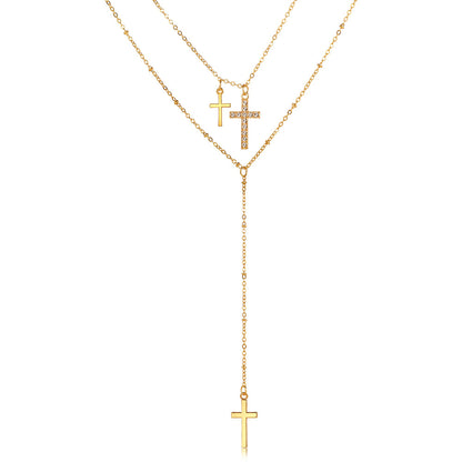 Rhinestone Cross Multi-Layer Necklace