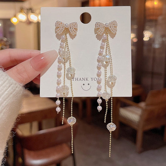 Pearl crystal bow fringed earrings