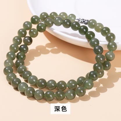 Natural clear water Hetian jade old bead necklace