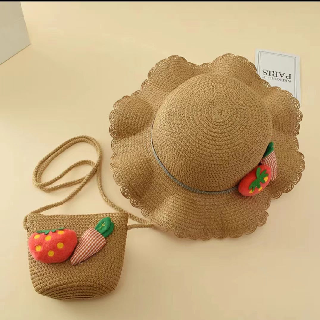 Girls' Sun Hat Kids' Straw Bag Set Summer Thin Cool UV Sun