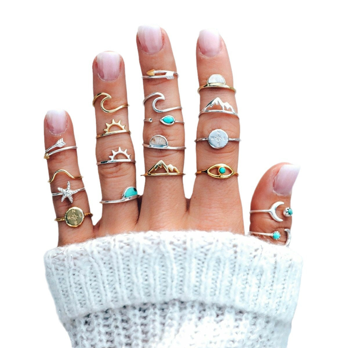 Arrow sun compass moon eye ring 19 piece set rings