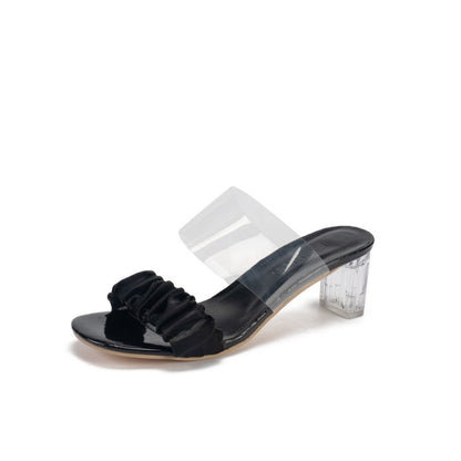 Sheer block heel, straight square-toe crepe slippers