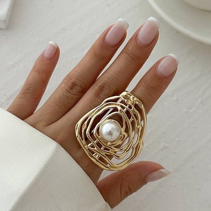 Irregular hollow wound imitation pearl ring