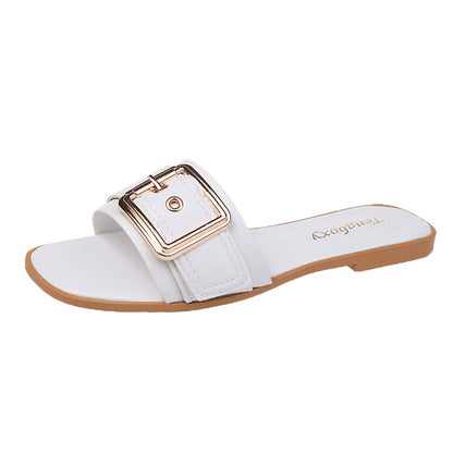 Square button one-word drag women's flat bottom sandals