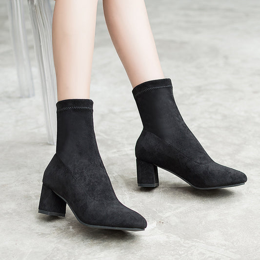 Suede Leather Boots Square Heel Short Boots