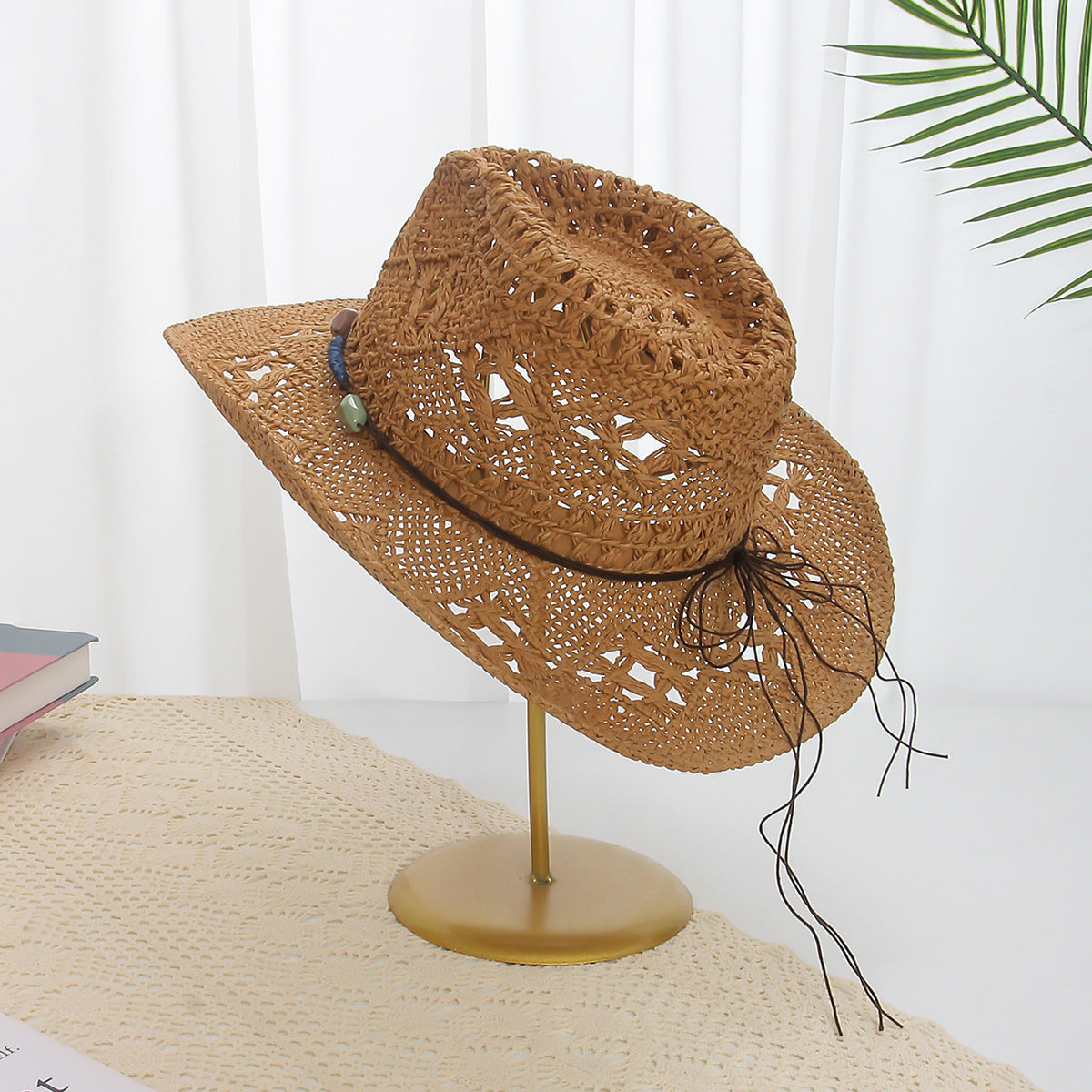 Denim Straw Wide Brim Beach Hat