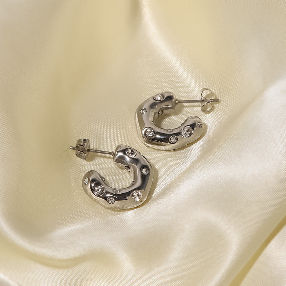 Hammered Zirconia C-Shaped Steel Hoop Earrings