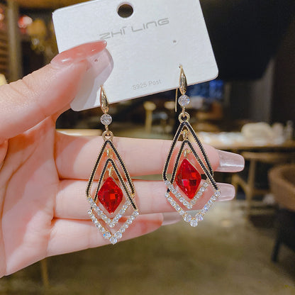 Red crystal double-layer rhombus earrings.