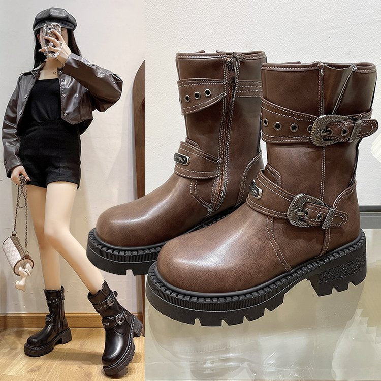 New side zipper metal buckle boots