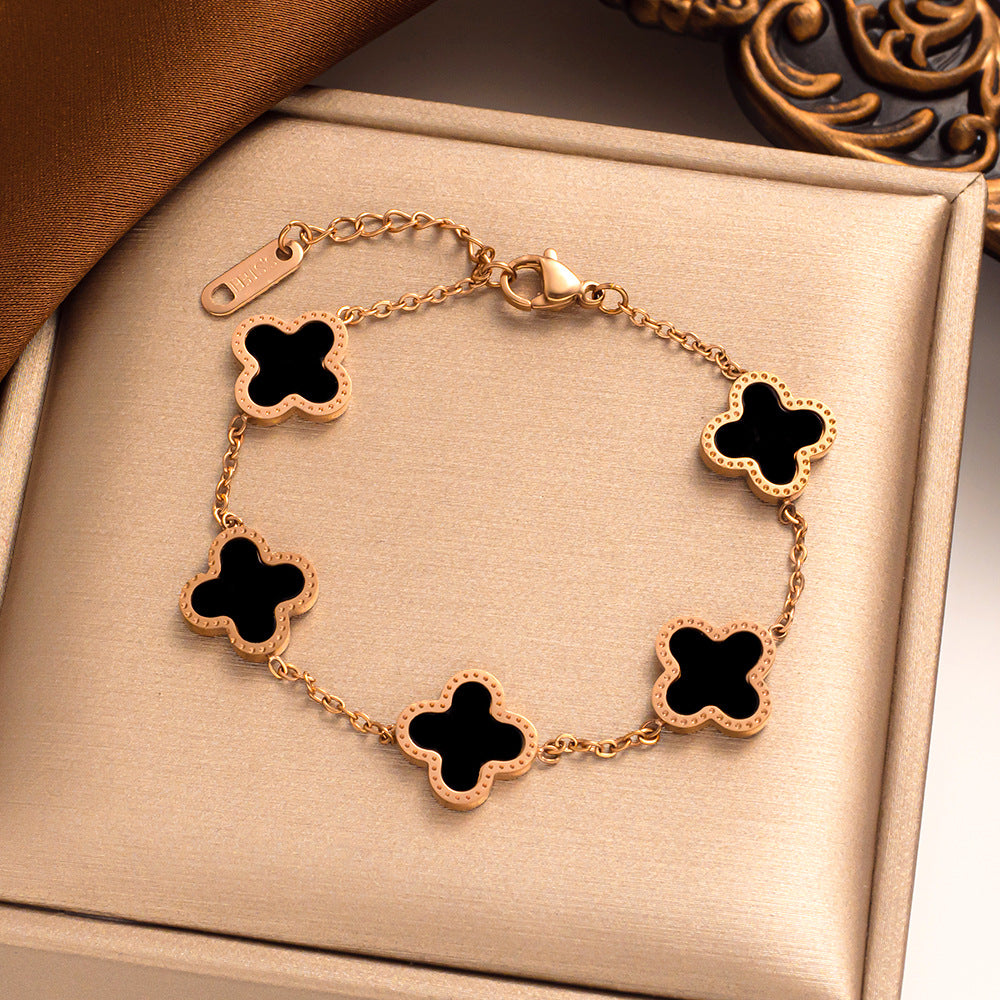 Lucky Titanium Steel Four-Leaf Clover Bracelet - Korean Style, 18k Rose Gold