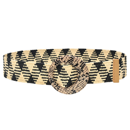 Wooden buckle grass woven wide women's belt