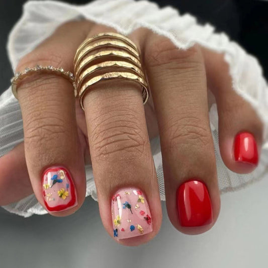 Short Wine Red Floral Square Fake Nails