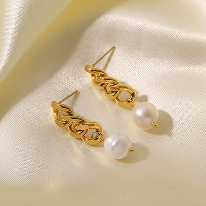 Women's Cuban chain freshwater pearl earrings