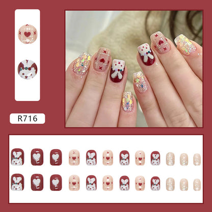 New Year Glitter Red Heart Rabbit Nails