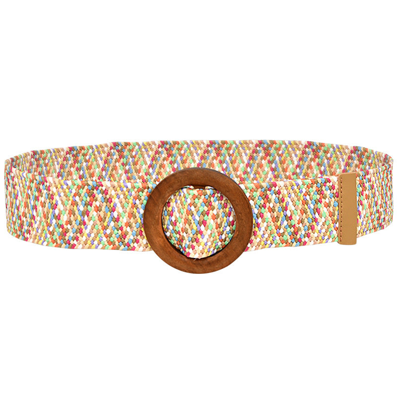 5CM wood buckle braided elastic belt