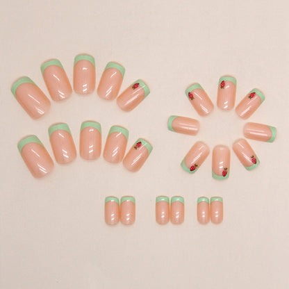 Grass Green French Strawberry Fake Nails