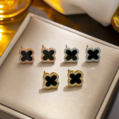 Classic Black Clover Stud Earrings, Hypoallergenic Design