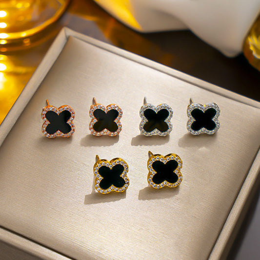 Classic Black Clover Stud Earrings, Hypoallergenic Design