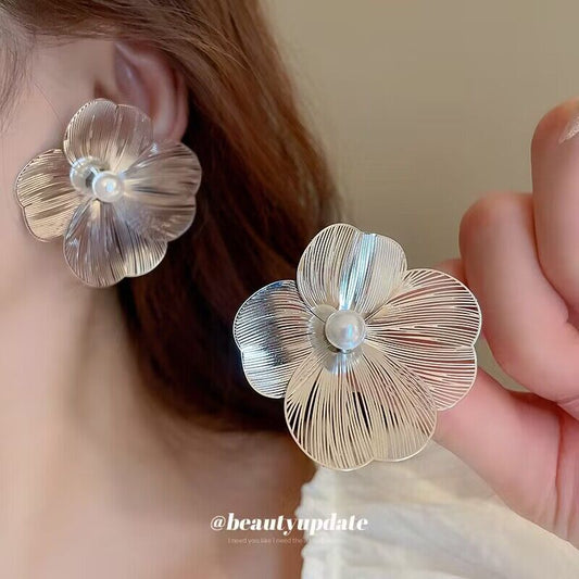 S925 silver needle metal flower stud earrings