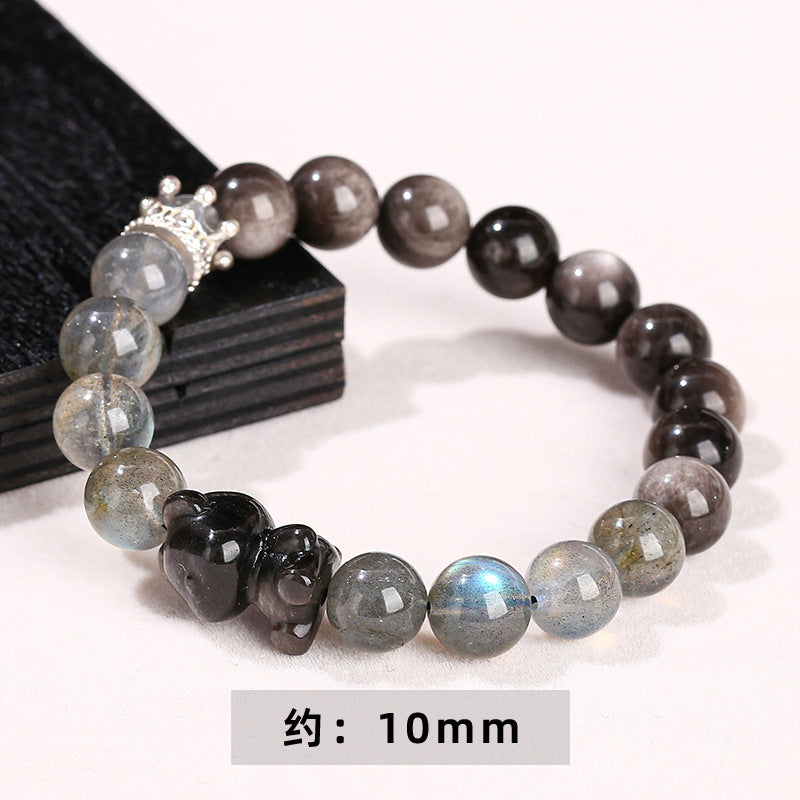 7A natural gray moonstone silver obsidian bear bracelet.