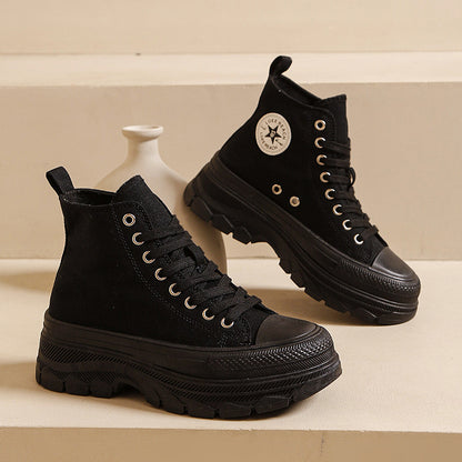 Women's thick-soled black and white high-top canvas shoes