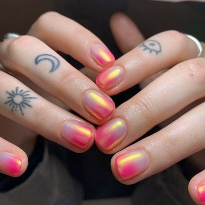 Short Magenta Gradient Aurora Fake Nails