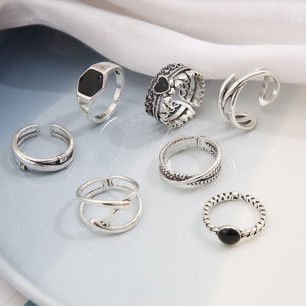 7-piece cross heart ring set