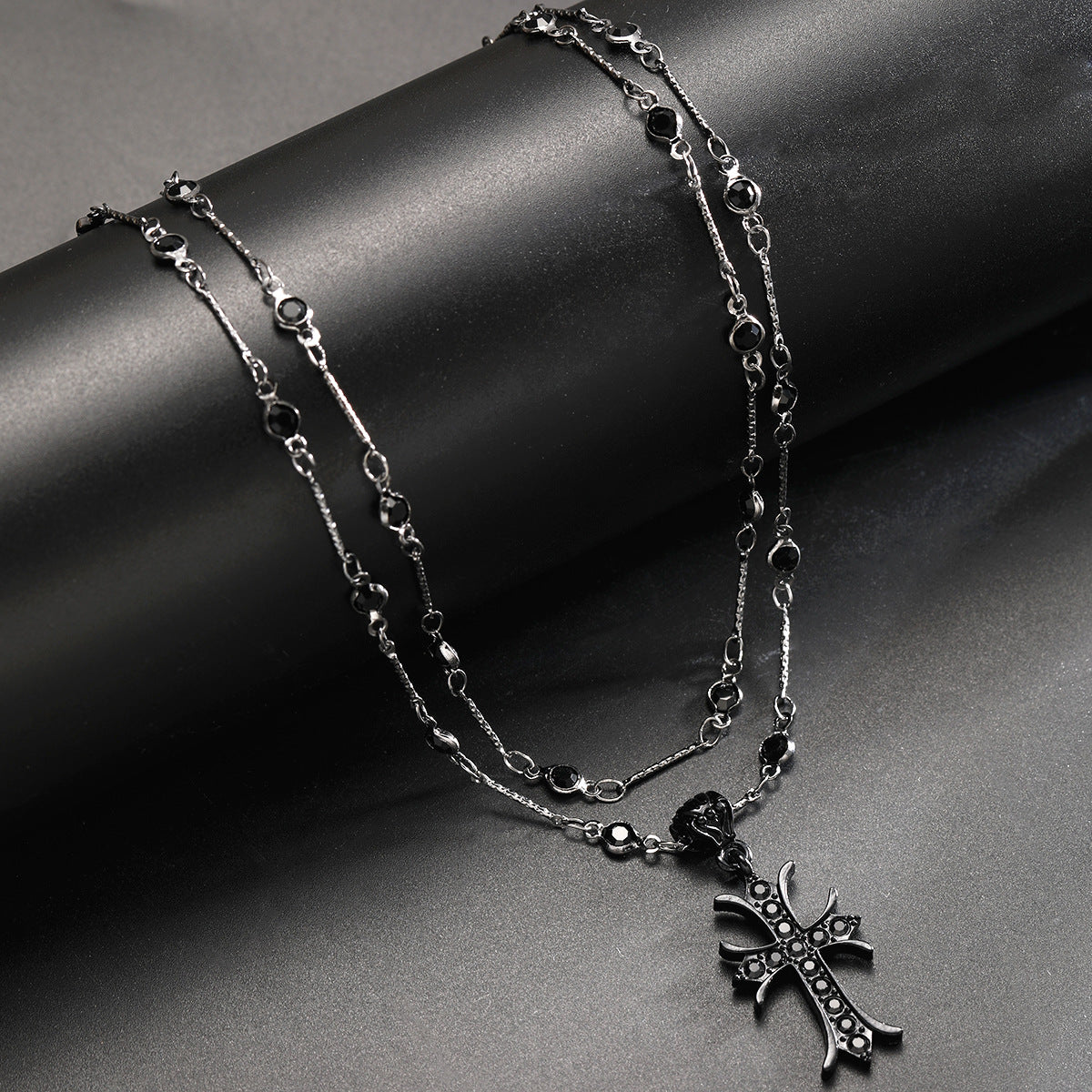 Dark Zirconia Cross Double Necklace