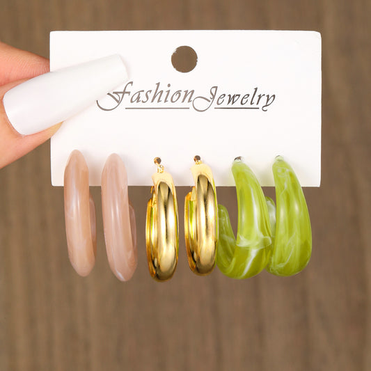 C-shaped gold resin alloy earrings 3-piece set